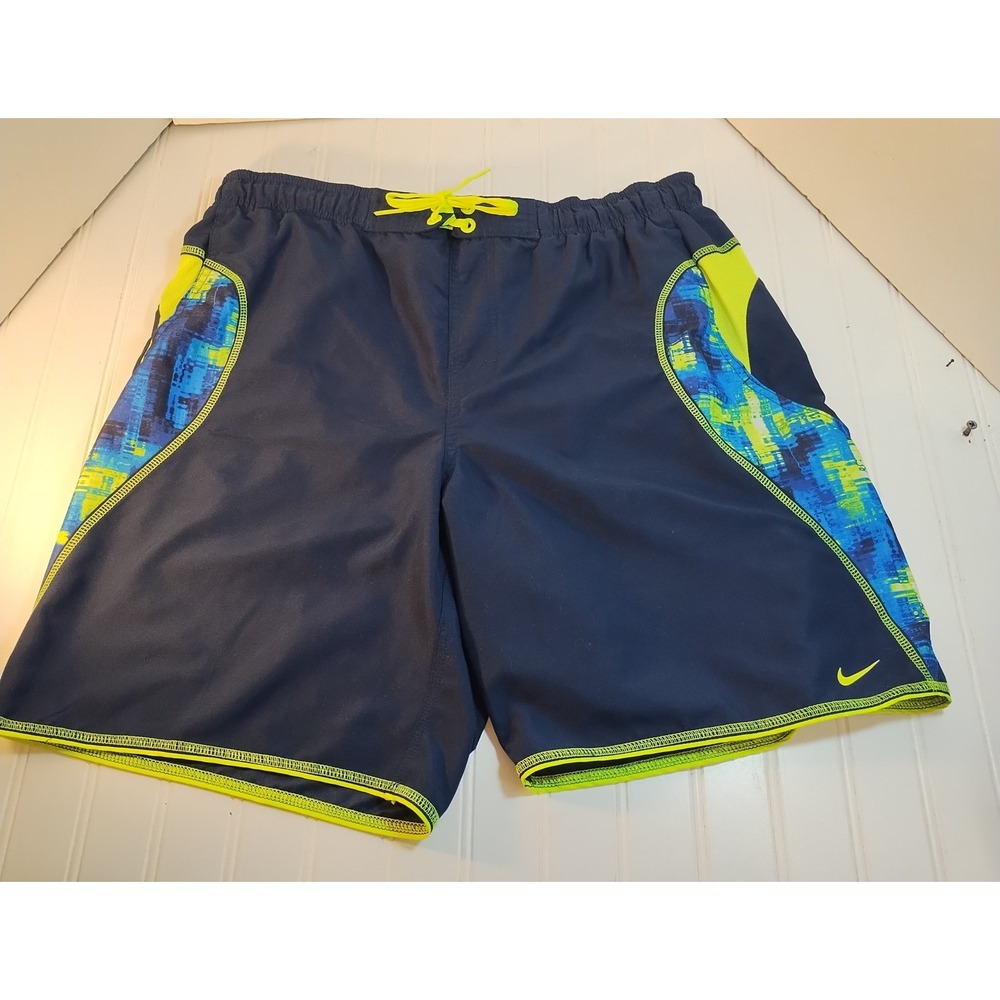 Nike Mens Swim Trunks Navy Blue Neon Yellow Geometric Mesh Lined Large